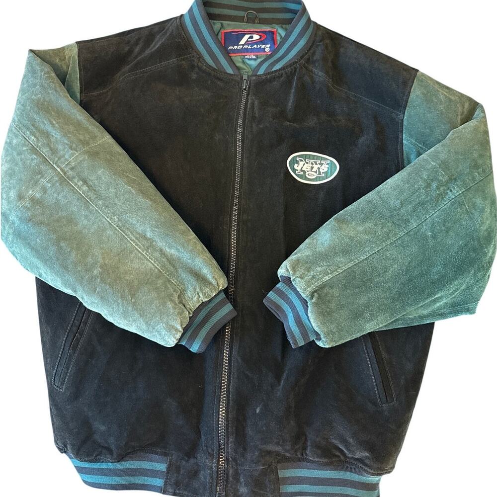 Vintage New York Jets Pro Player Suede Bomber Jacket Rare 90s NFL Streetwear XL